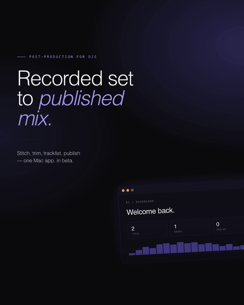 TrackTrace pillar tile — dark portrait graphic with the tagline "Recorded set to published mix." and a violet accent on "published mix."